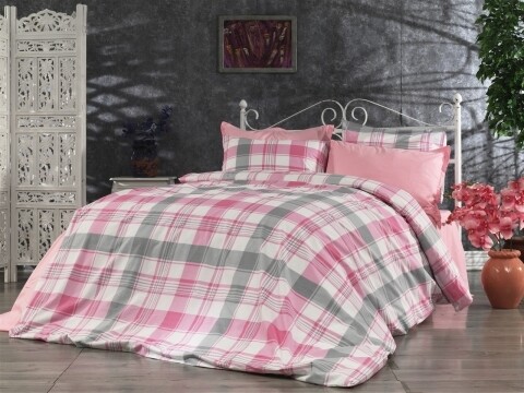 Lenjerie de pat pentru doua persoane Melange Rose Bedora, 4 piese, Cotton Rich, alb/roz/gri