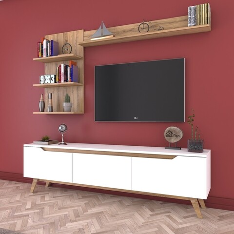 Comoda TV cu 3 rafturi de perete M41 - 423, Wren, 180 x 35 x 48.6 cm/90 cm/133 cm, white/walnut
