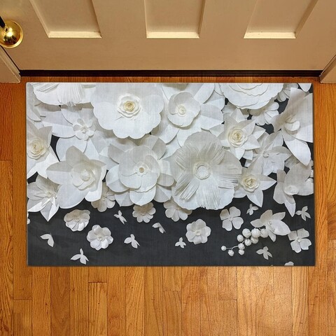 Covoras de intrare Paper flowers, Casberg, 38x58 cm, poliester, alb