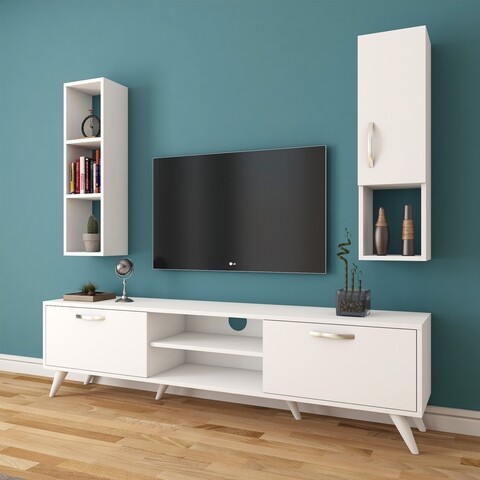 Comoda TV cu raft de perete si cabinet M11 - 251, Wren, 180 x 35 x 48.6 cm/90 cm, white
