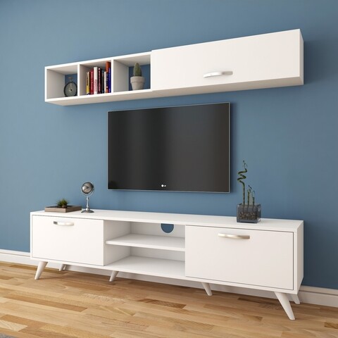 Comoda TV cu raft de perete si cabinet M8 - 245, Wren, 180 x 35 x 48.6 cm/90 cm, white