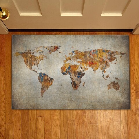 Covoras de intrare World map, Casberg, 38x58 cm, poliester, gri