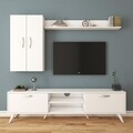 Comoda TV cu raft de perete si 2 cabinete M40 - 308, Wren, 180 x 35 x 48.6 cm/133 cm, white