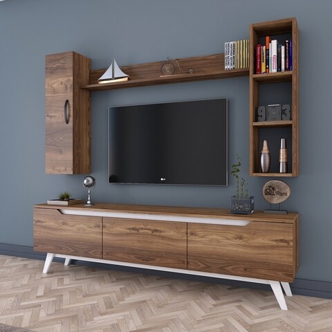 Comoda TV cu 2 rafturi de perete si cabinet M13 - 837, Wren, 180 x 35 x 48.6 cm/90 cm/133 cm, walnut/white