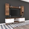 Comoda TV cu raft de perete si 2 cabinete M22 - 869, Wren, 180 x 35 x 48.6 cm/90 cm/133 cm, white/walnut