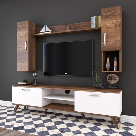 Comoda TV cu raft de perete si 2 cabinete M22 - 869, Wren, 180 x 35 x 48.6 cm/90 cm/133 cm, white/walnut