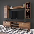 Comoda TV cu 2 rafturi de perete si cabinet M13 - 256, Wren, 180 x 35 x 48.6 cm/90 cm/133 cm, walnut