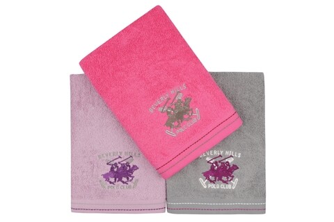 Set 3 prosoape de maini, Beverly Hills Polo Club, 401, 50x90 cm, 100% bumbac, fucsia/lila/gri