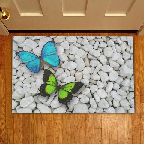 Covoras de intrare Butterfly blue and green , Casberg, 38x58 cm, poliester, albastru/verde