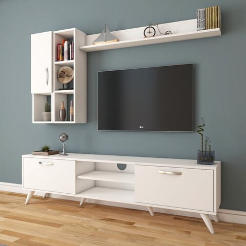 Comoda TV cu 2 rafturi de perete si cabinet M44 - 316, Wren, 180 x 35 x 48.6 cm/90 cm/133 cm, white