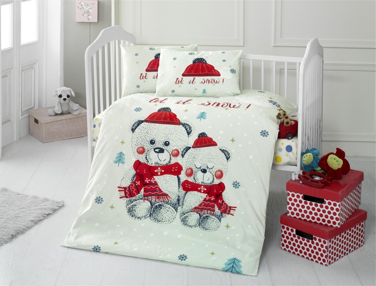 Lenjerie de pat pentru copii, Patik, Snow, 100% bumbac 4 piese, rosu/alb/gri green-future.ro