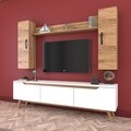 Comoda TV cu raft de perete si 2 cabinete M2 - 380, Wren, 180 x 35 x 48.6 cm/133 cm, white/walnut